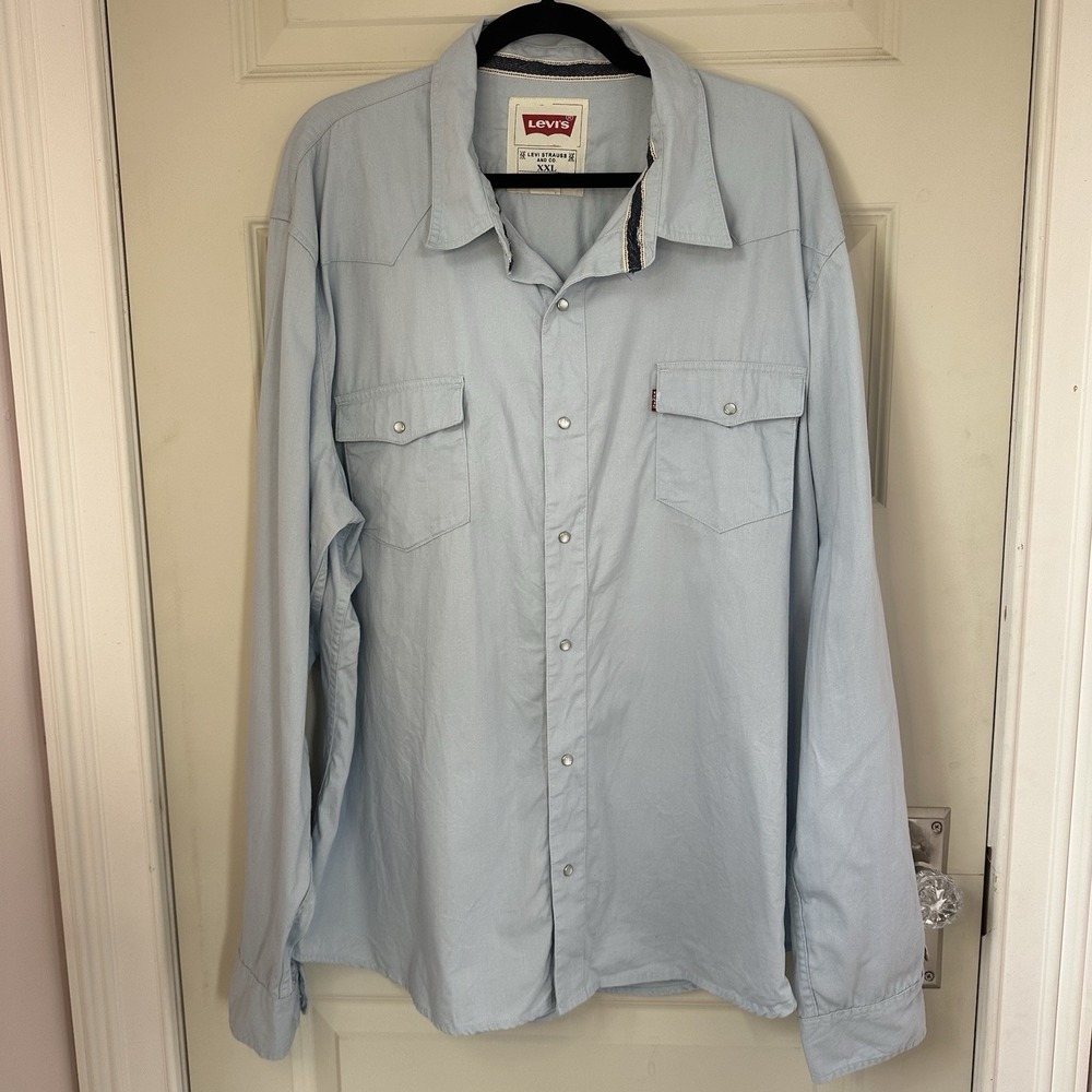 Levi's Pearl Snap Shirt Men's Size XXL Blue Long Sleeve Western Top Soft Cotton